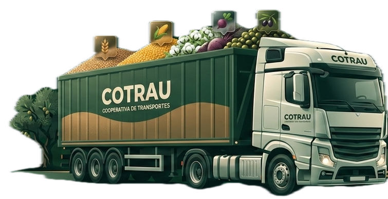 Camión de Cotrau cargado con cosecha agrícola — transporte de trigo, maíz, algodón, remolacha y aceituna en Sevilla y Andalucía